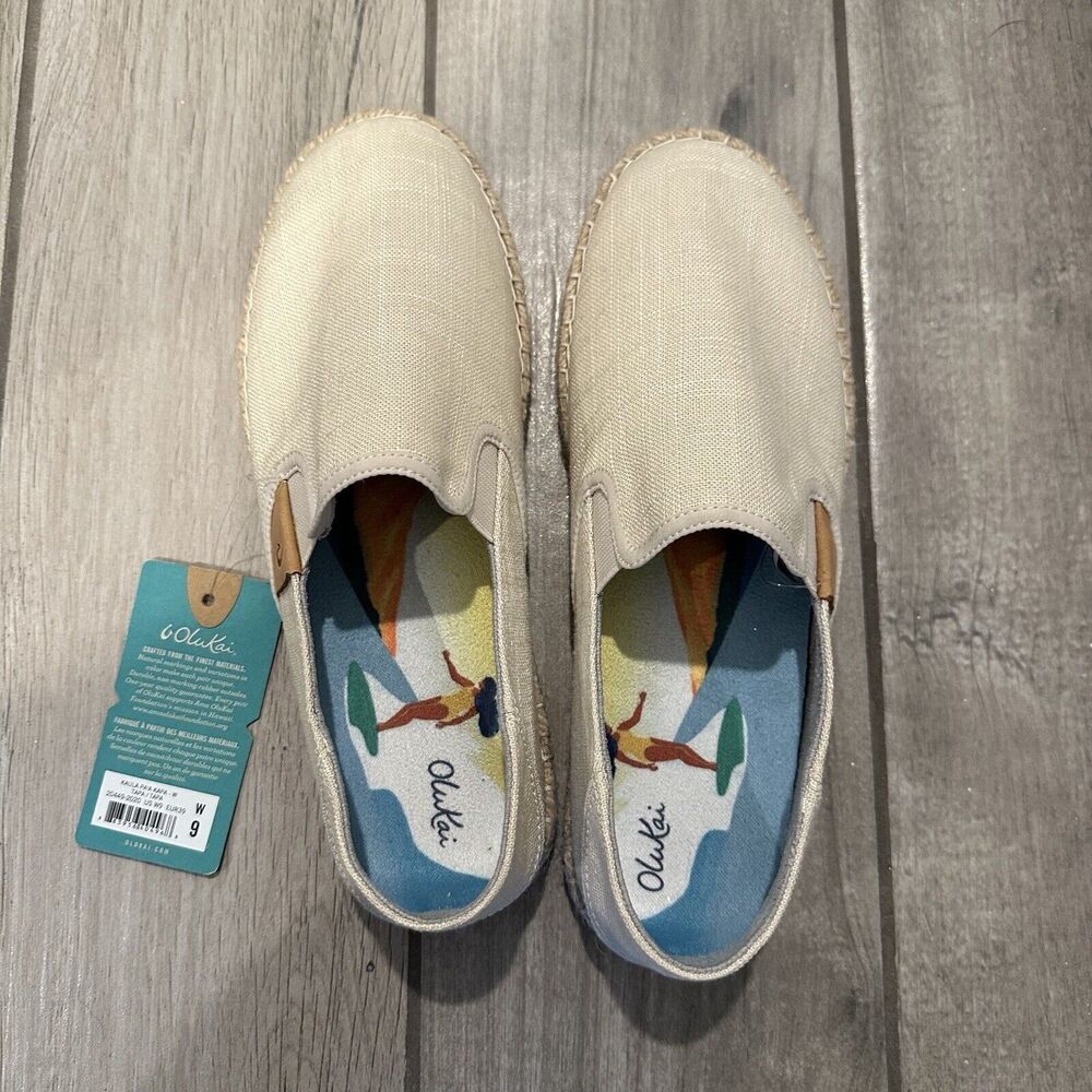 OluKai KAULA PA'A KAPA Shoes Women's Size 9 Tapa Beige Tan Slip on Woven NWT